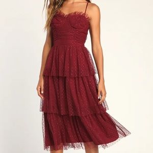 Lulus Sweetheart Style Burgundy Polka Dot Bustier Tiered Midi Dress, Size L